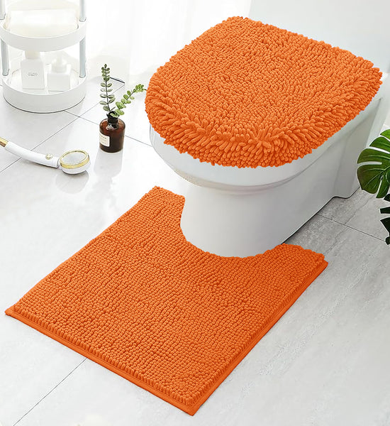2 Piece Set Orange Soft Cozy Plush Chenille Bath Mat Bathroom Rug & Toilet Seat Cover