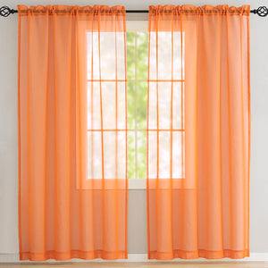 63" Inches Long - Orange Sheer Window Rod Pocket Curtain Set (2 Panels)