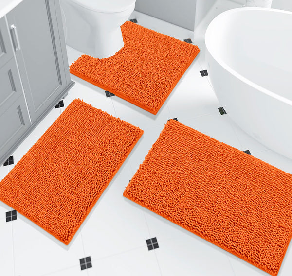 3 Piece Set Orange Soft Cozy Plush Chenille Bath Mat Highly Absorbent Bathroom Rug