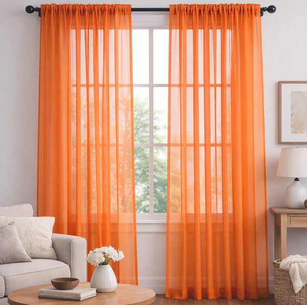 Orange Sheer Window Rod Pocket Curtain Set 90" Inches Long (2 Panels)