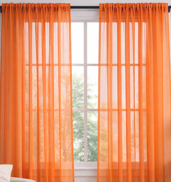 Orange Sheer Window Rod Pocket Curtain Set 90" Inches Long (2 Panels)