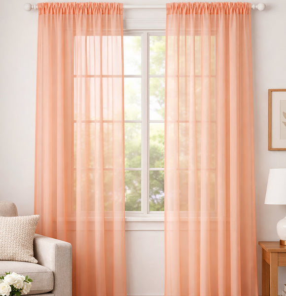 Peach Sheer Window Rod Pocket Curtain Set 90" Inches Long (2 Panels)