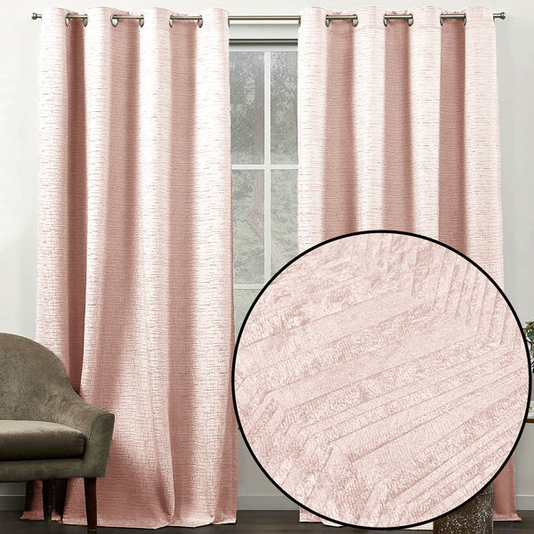 108" Long - 2 Piece Peach Solid Silky Geometric Embossed Blackout Grommet Window Curtain Panel Set