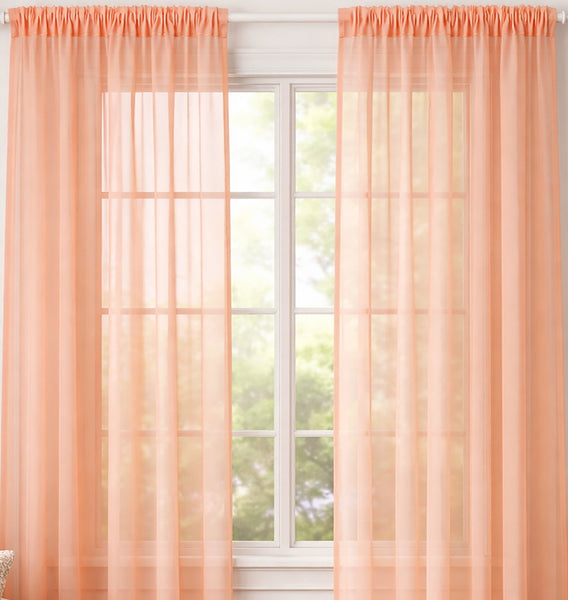 Peach Sheer Window Rod Pocket Curtain Set 90" Inches Long (2 Panels)
