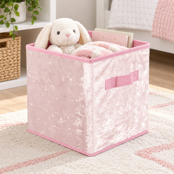 4 Pack Set Pink Velvet Collapsible Foldable Soft Plush Fabric Organizer Basket Storage Cube Bin Container - 10" Tall