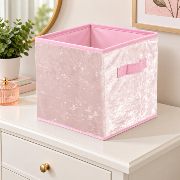 4 Pack Set Pink Velvet Collapsible Foldable Soft Plush Fabric Organizer Basket Storage Cube Bin Container - 10" Tall