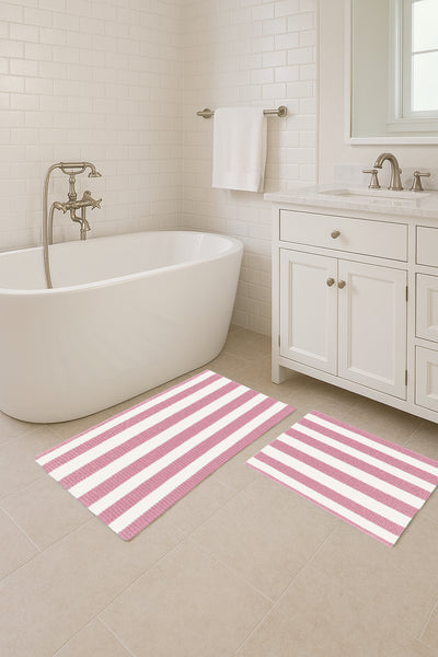 Large 2 Piece Set Pink White Stripe Soft Cozy Plush Chenille Bath Mat Bathroom Rug