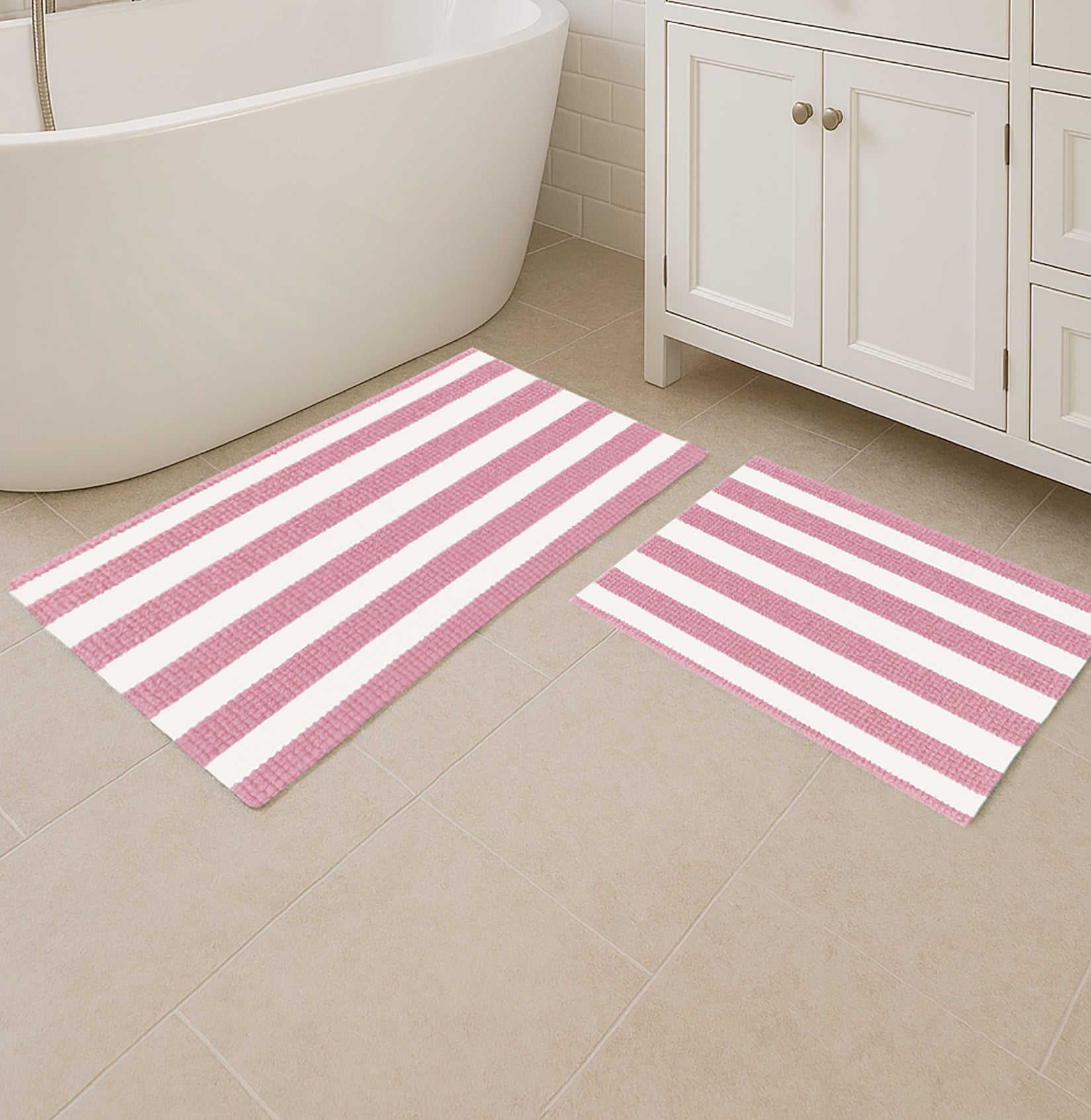 Large 2 Piece Set Pink White Stripe Soft Cozy Plush Chenille Bath Mat Bathroom Rug