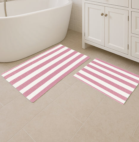 Large 2 Piece Set Pink White Stripe Soft Cozy Plush Chenille Bath Mat Bathroom Rug