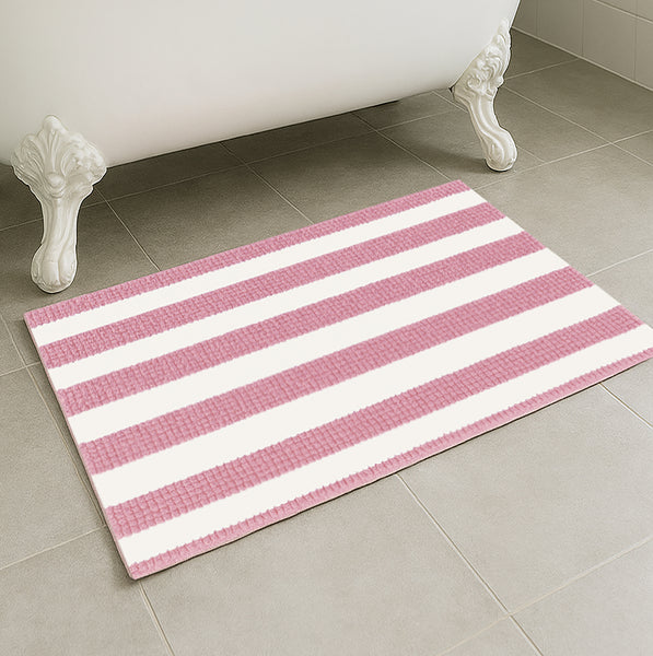 36"x24" - Pink White Stripe Soft Cozy Plush Chenille Bath Mat Bathroom Rug