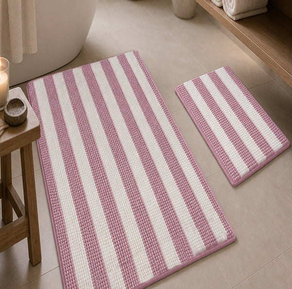 Extra Large 2 Piece Set Pink White Stripe Soft Cozy Plush Chenille Bath Mat Bathroom Rug
