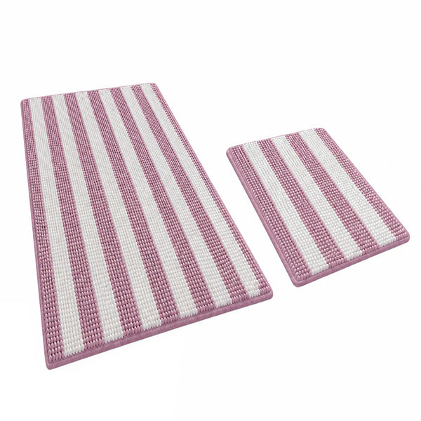 Extra Large 2 Piece Set Pink White Stripe Soft Cozy Plush Chenille Bath Mat Bathroom Rug
