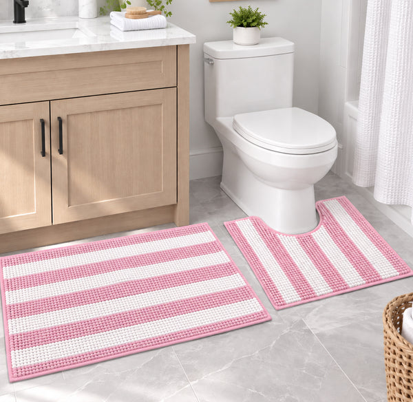 2-Piece Chenille Pink & White Striped Bath Mat Set with Contour Toilet Rug – Soft Absorbent Bathroom Rugs