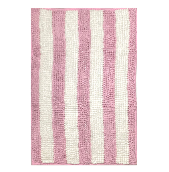 Large 2 Piece Set Pink White Stripe Soft Cozy Plush Chenille Bath Mat Bathroom Rug
