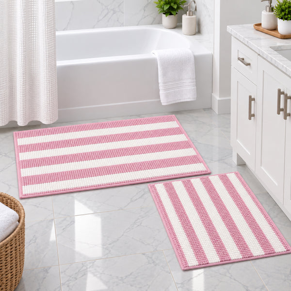 2-Piece Pink & White Striped Chenille Bath Mat Rug Set – Soft Absorbent Bathroom Rugs
