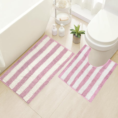 2 Piece Set Pink White Stripe Soft Cozy Plush Chenille Bath Mat Bathroom Rug