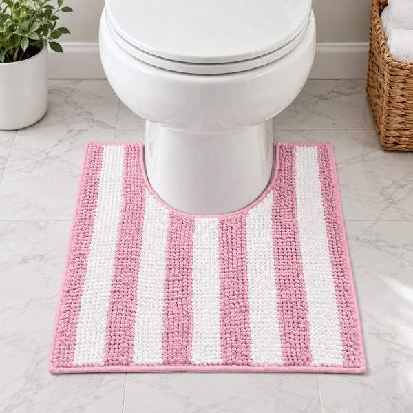 Pink & White Chenille Striped Contour Toilet Bath Mat – Soft Absorbent Bathroom Rug