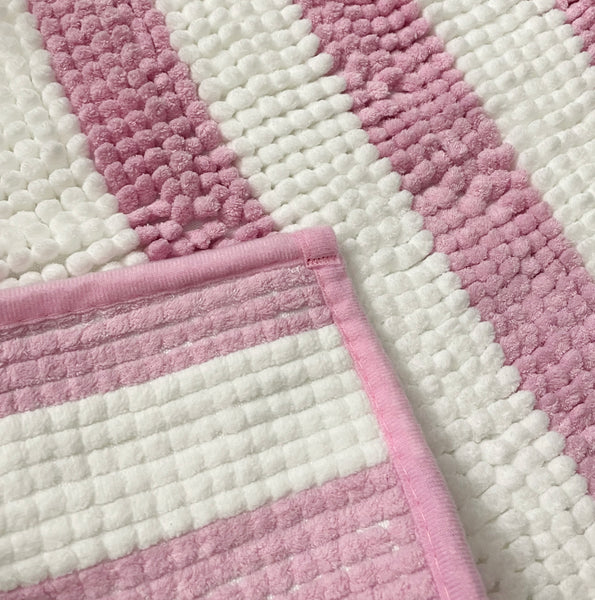 Extra Large 2 Piece Set Pink White Stripe Soft Cozy Plush Chenille Bath Mat Bathroom Rug