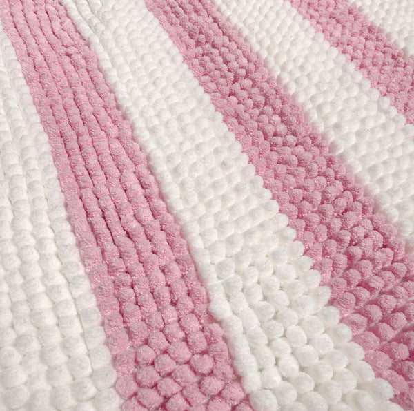 Pink & White Chenille Striped Contour Toilet Bath Mat – Soft Absorbent Bathroom Rug