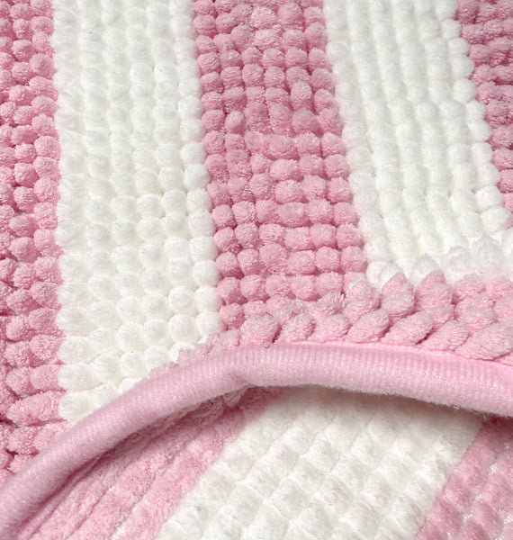 Pink & White Chenille Striped Contour Toilet Bath Mat – Soft Absorbent Bathroom Rug