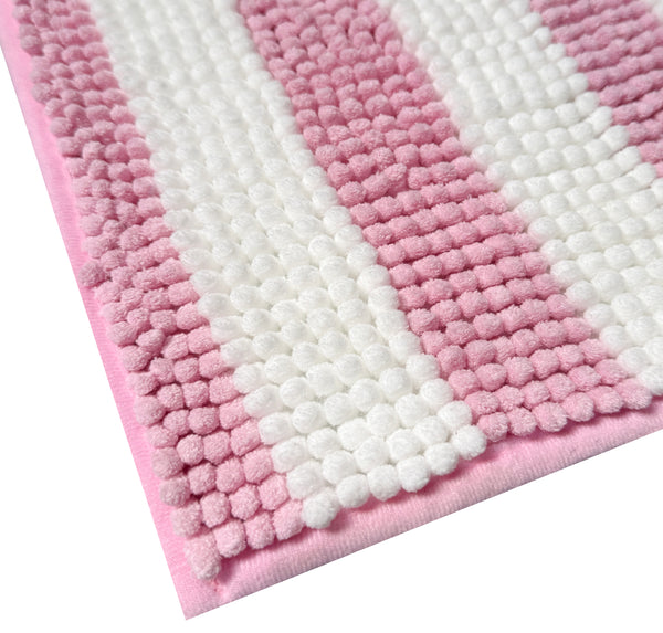 Pink & White Chenille Striped Contour Toilet Bath Mat – Soft Absorbent Bathroom Rug
