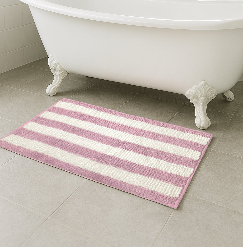 32"x20" - Pink White Stripe Soft Cozy Plush Chenille Bath Mat Bathroom Rug