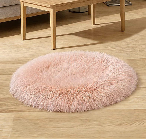 3x3 Feet Round Pink Faux Fur Sheepskin Soft Plush Fuzzy Rug