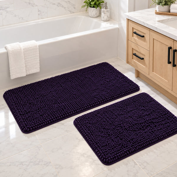 2pc Purple Plush Chenille Bath Mat Set – Soft Absorbent Bathroom Rugs