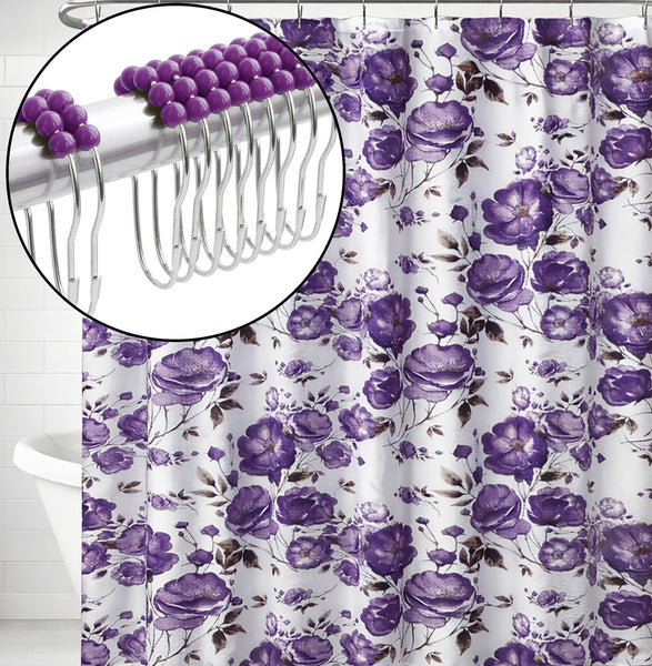 72" x 72" - Purple Floral Fabric Textured Glam luxury Shower Curtain With 12 Metal Roller Ball Hooks