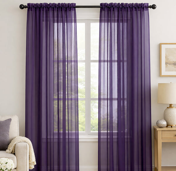 Purple Sheer Window Rod Pocket Curtain Set 90" Inches Long (2 Panels)