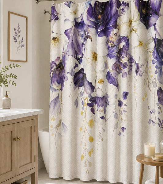 Purple Floral Fabric Textured Shower Curtain with 12 Decorative Roller Ball Hooks