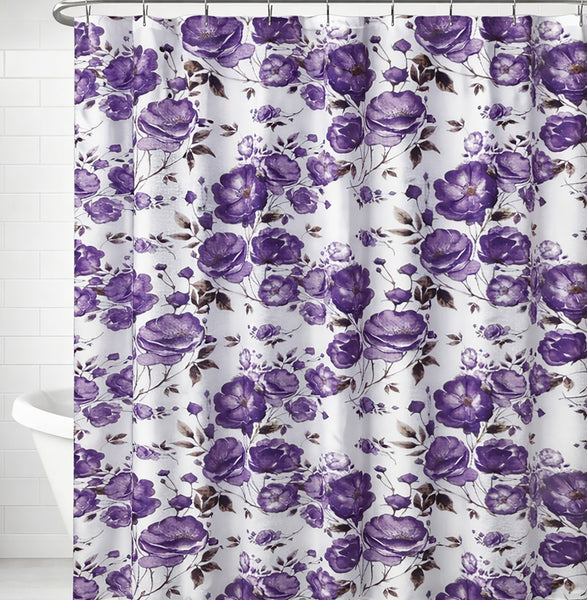 72" x 72" - Purple Floral Fabric Textured Glam luxury Shower Curtain With 12 Metal Roller Ball Hooks