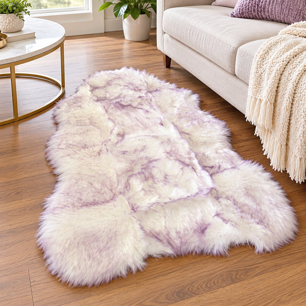 2-Tone Purple White Soft Fluffy Shag Faux Sheepskin Fur Area Rug - 2'x3' Feet
