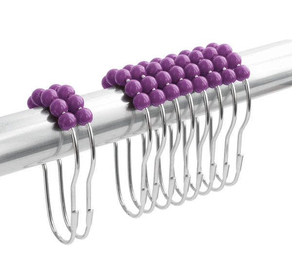 Purple Floral Fabric Textured Shower Curtain with 12 Decorative Roller Ball Hooks