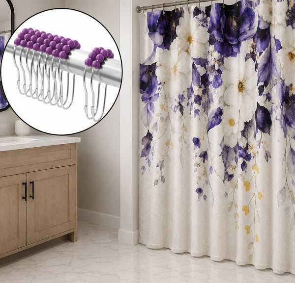 Purple Floral Fabric Textured Shower Curtain with 12 Decorative Roller Ball Hooks
