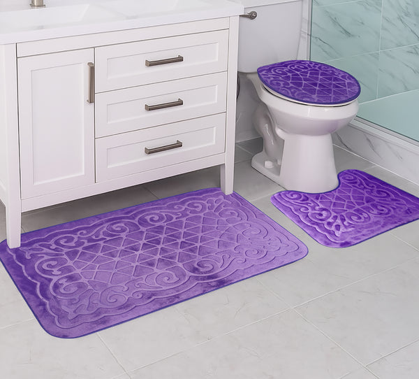 3 Piece Purple Ultra Soft Thick Memory Foam Non-Slip Absorbent Bathroom Bath Mat Set