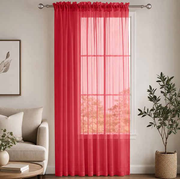 1 Piece Red Sheer Rod Pocket Window Curtain Panel - 84" Inches Long