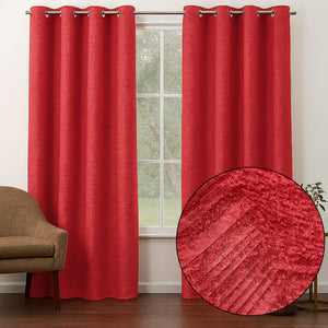 108" Long - 2 Piece Red Solid Silky Geometric Embossed Blackout Grommet Window Curtain Panel Set