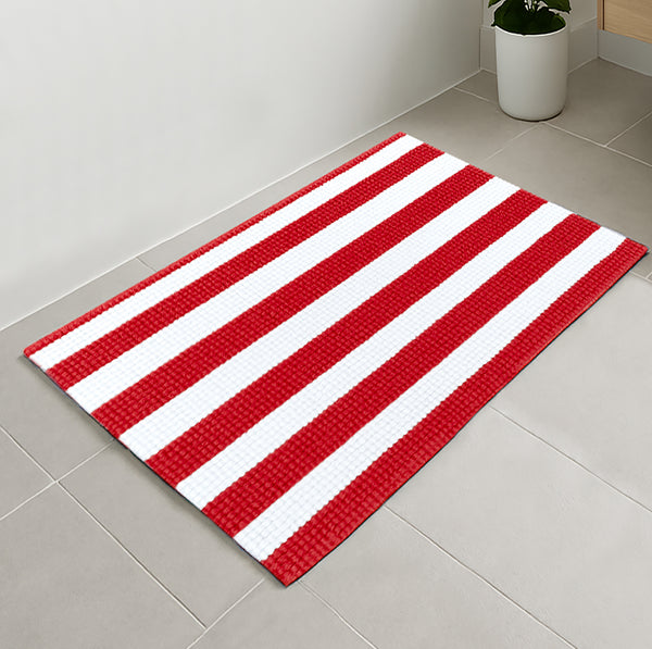 Large Red White Stripe Soft Cozy Plush Chenille Bath Mat Bathroom Rug - 36" x 24"
