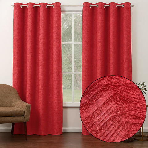 108" Long - 2 Piece Red Solid Silky Geometric Embossed Blackout Grommet Window Curtain Panel Set