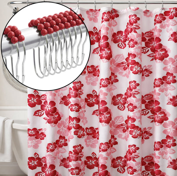 72" x 72" - Red Floral Fabric Textured Glam luxury Shower Curtain With 12 Metal Roller Ball Hooks