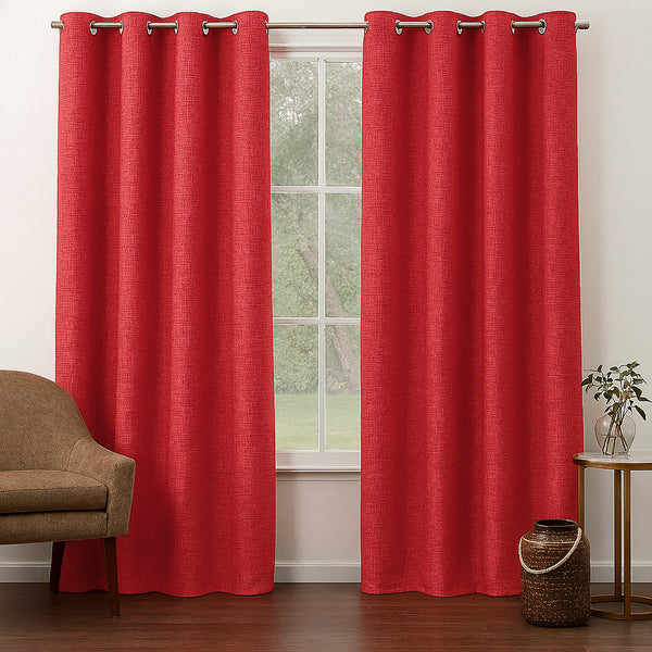 108" Long - 2 Piece Red Solid Silky Geometric Embossed Blackout Grommet Window Curtain Panel Set