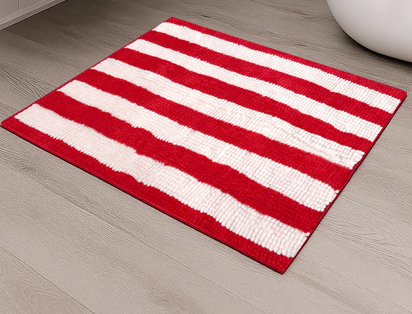 Large Red White Stripe Soft Cozy Plush Chenille Bath Mat Bathroom Rug - 36" x 24"