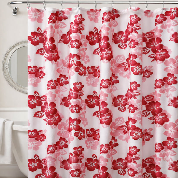72" x 72" - Red Floral Fabric Textured Glam luxury Shower Curtain With 12 Metal Roller Ball Hooks