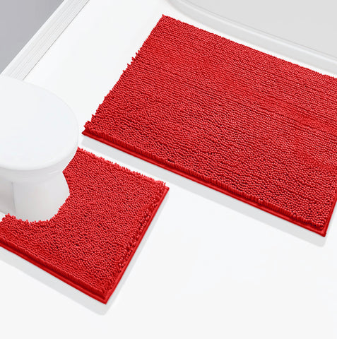 Extra Large 2 Piece Set Red Soft Cozy Plush Chenille Bath Mat Bathroom Rug