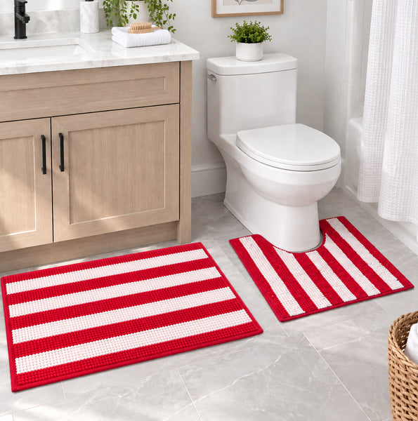 2-Piece Christmas Holidays Red & White Striped Chenille Bath Mat Set with Contour Toilet Rug – Soft Absorbent Bathroom Rugs