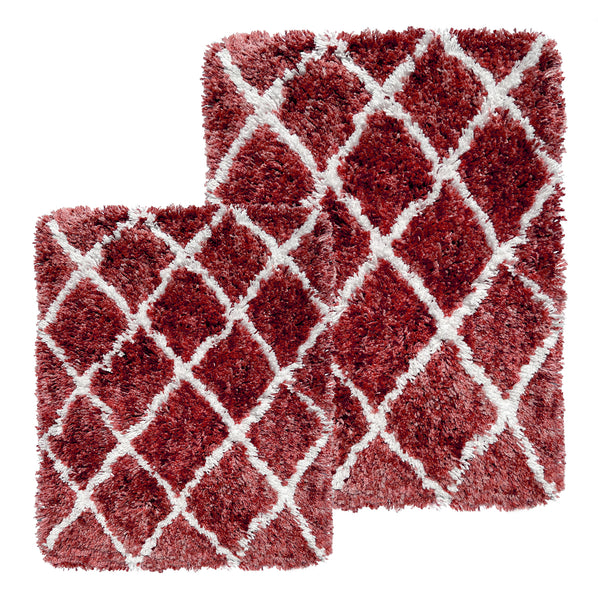Red 2 Piece Trellis Plush Thick Soft Cozy Microfiber Bath Mat Set