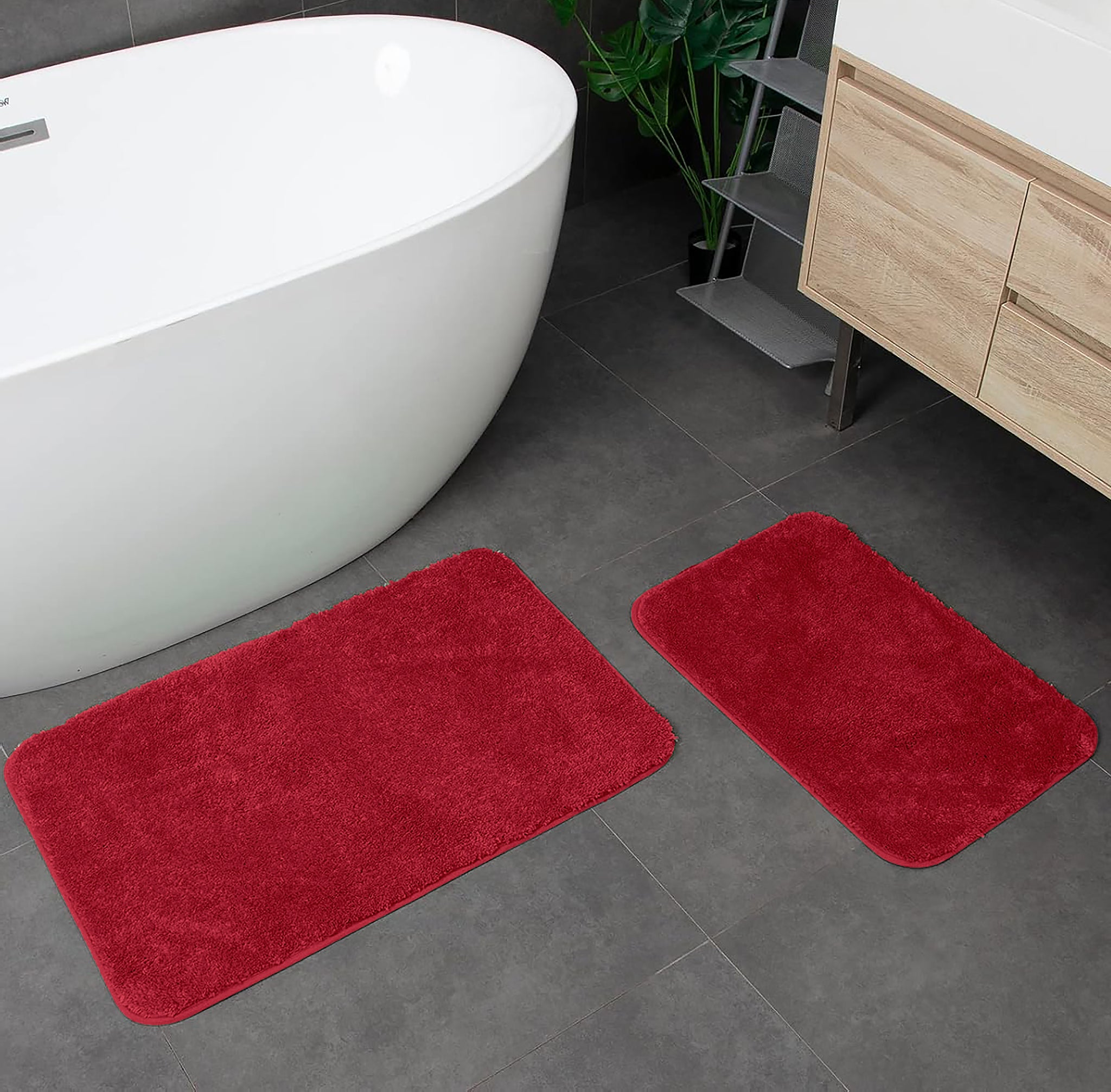 Large 2 Piece Red Microfiber Soft Thick Plush Bath Mat Set