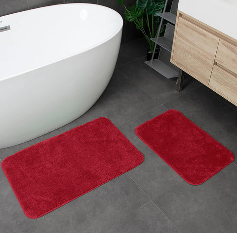 Large 2 Piece Red Microfiber Soft Thick Plush Bath Mat Set