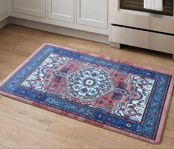 Red Blue Distressed Comfort Anti-Fatigue Plush Waterproof Non-slip Kitchen Mat - 18"x30"